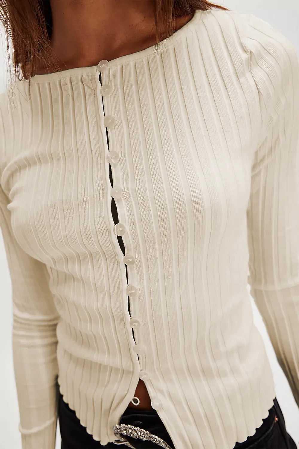 Basic Bae Texture Button Up Round Neck Long Sleeve Top -- 