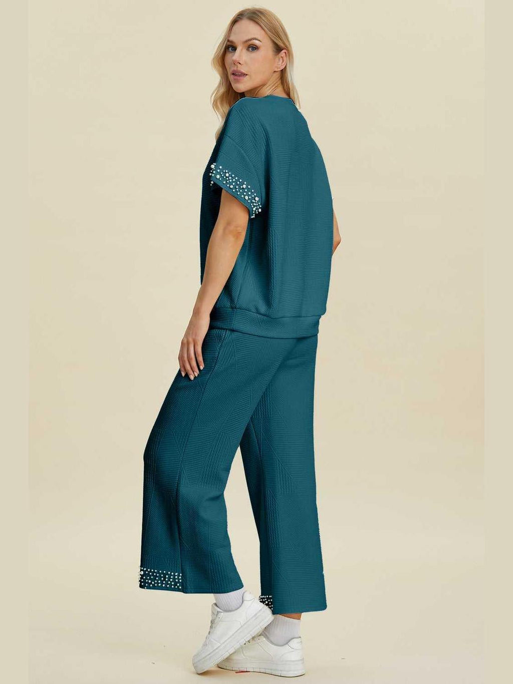 Double Take Full Size Pearl Detail Round Neck Top and Pants Set -- 