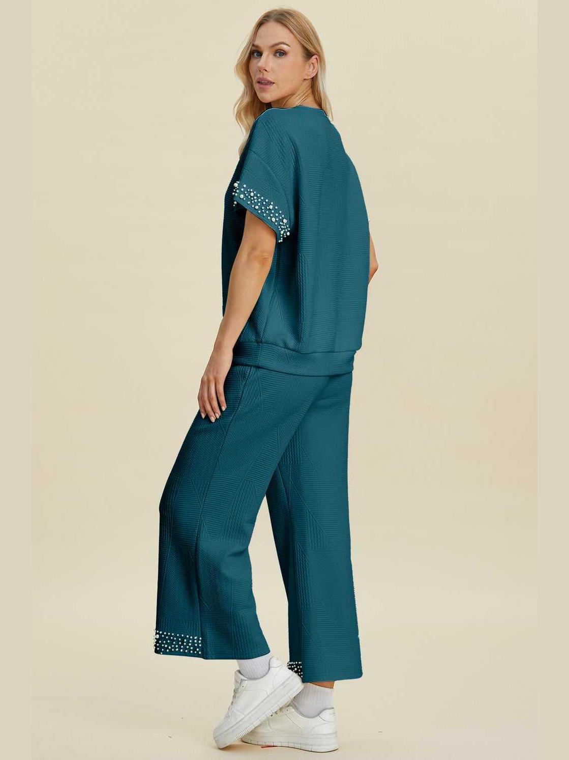 Double Take Full Size Pearl Detail Round Neck Top and Pants Set -- 