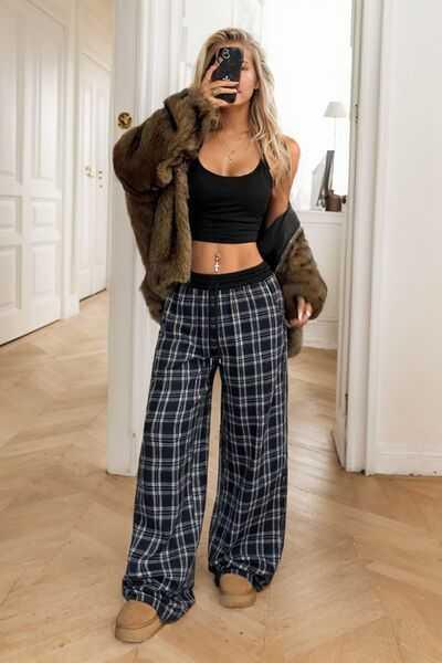 Plaid Wide Leg Pants -- 
