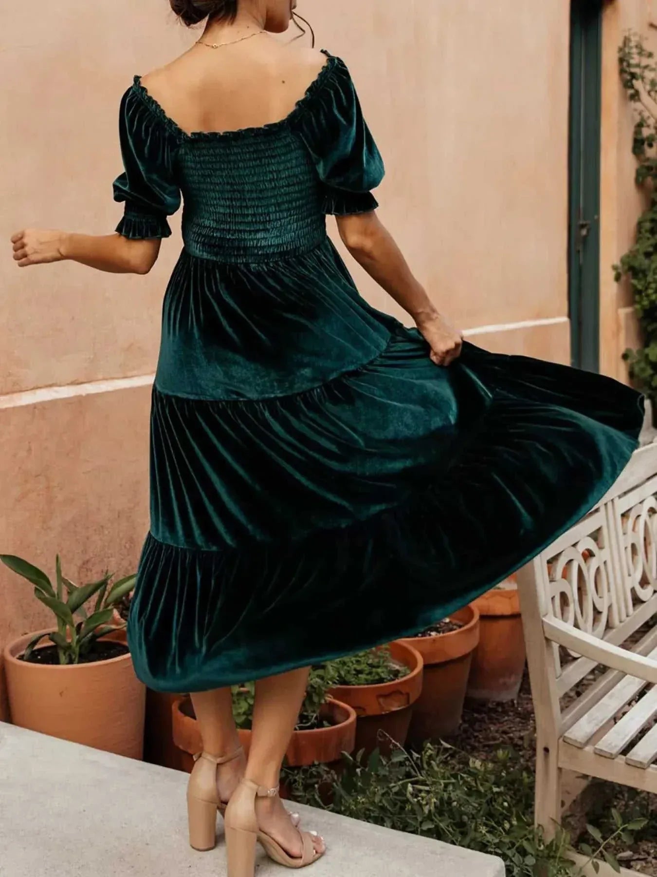 Velvet Smocked Tiered Midi Dress -- 