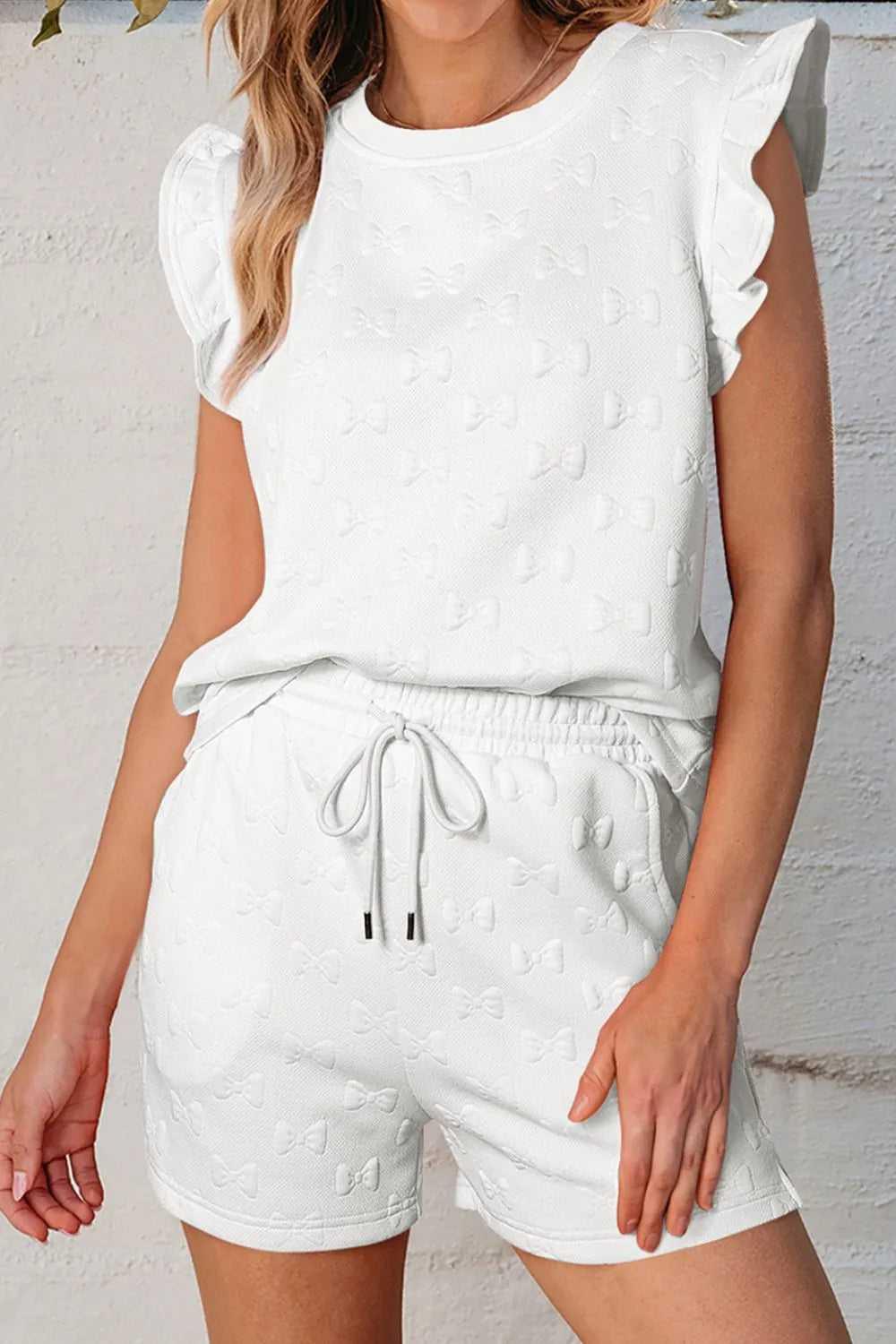 Bow Texture Round Neck Top and Shorts Set -- 