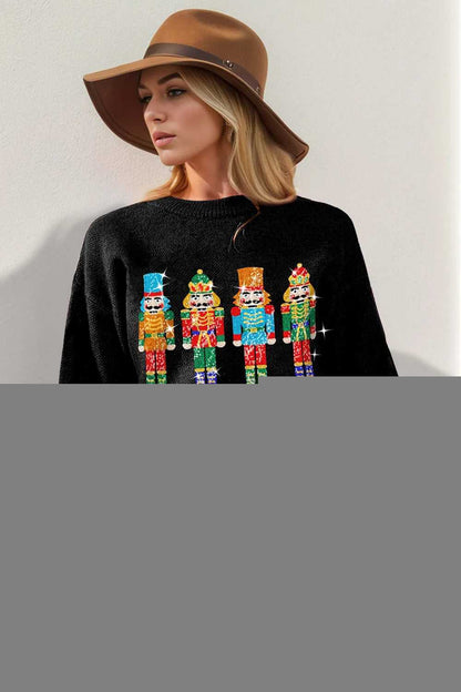 Double Take Full Size Sequin Nutcracker Long Sleeve Sweater