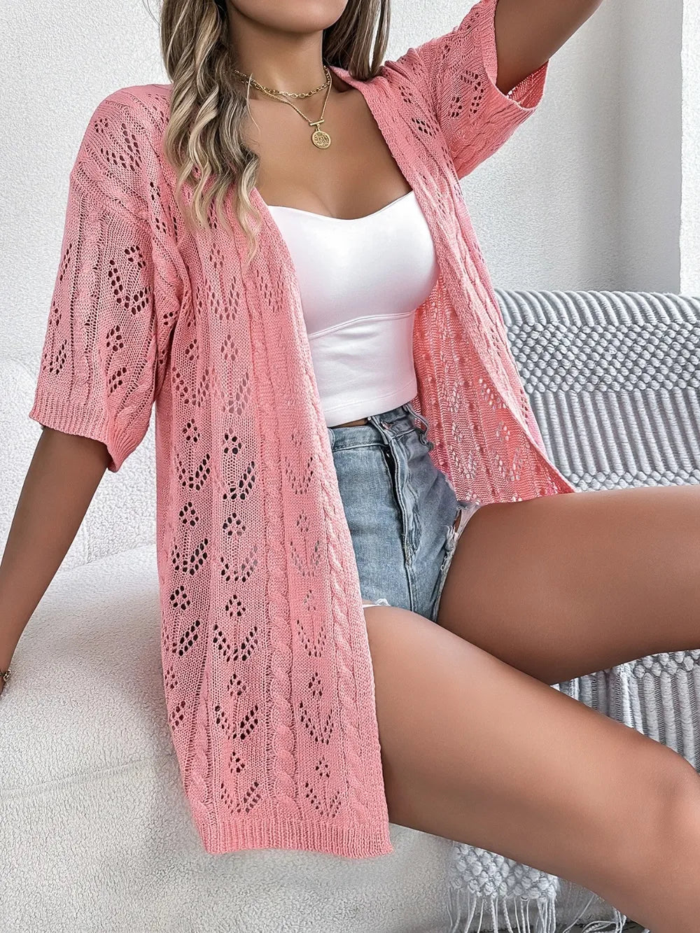 Openwork Open Front Half Sleeve Cardigan – Tan, White & Pink