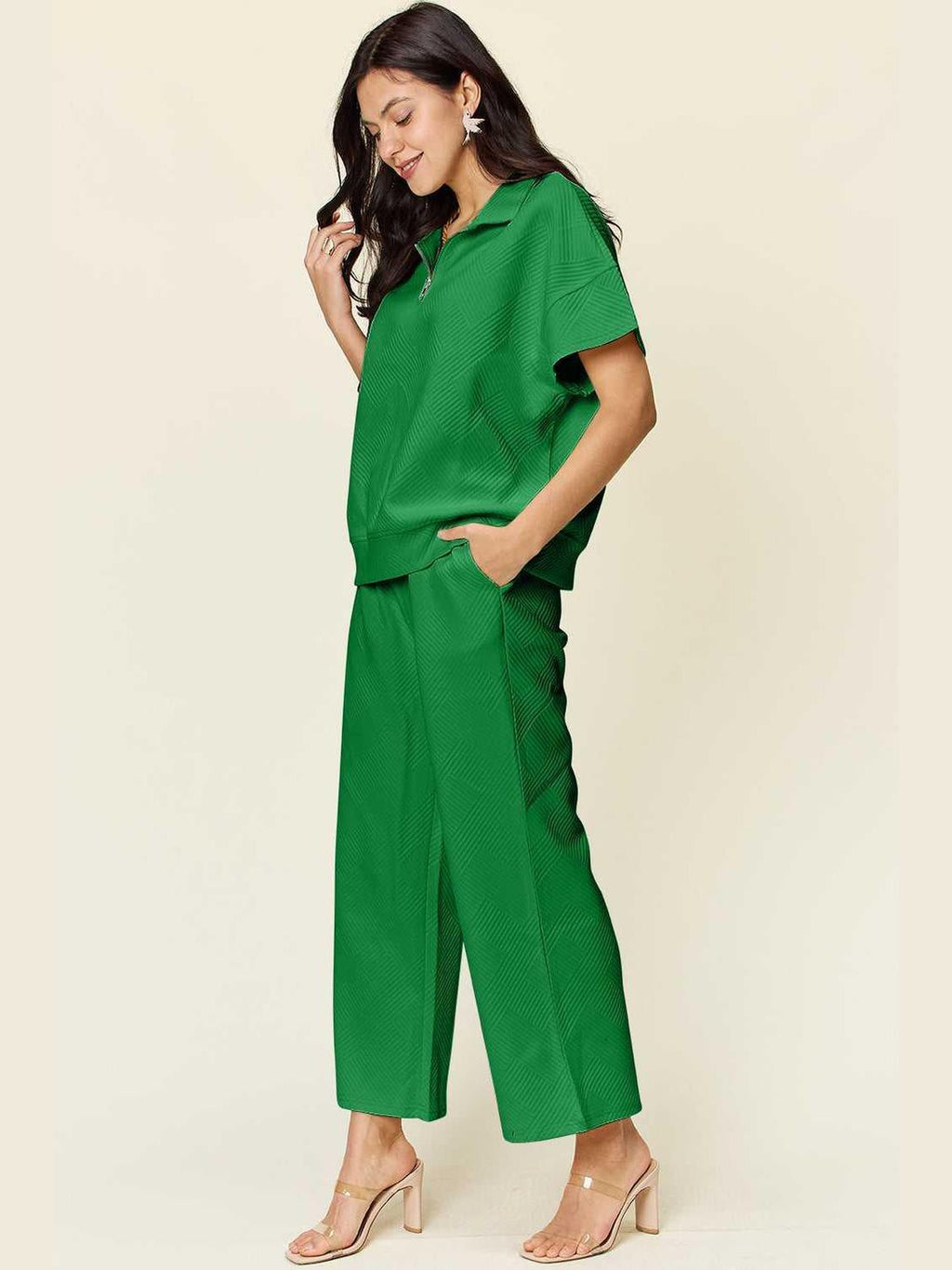 Double Take Full Size Texture Half Zip Short Sleeve Top and Pants Set -- 