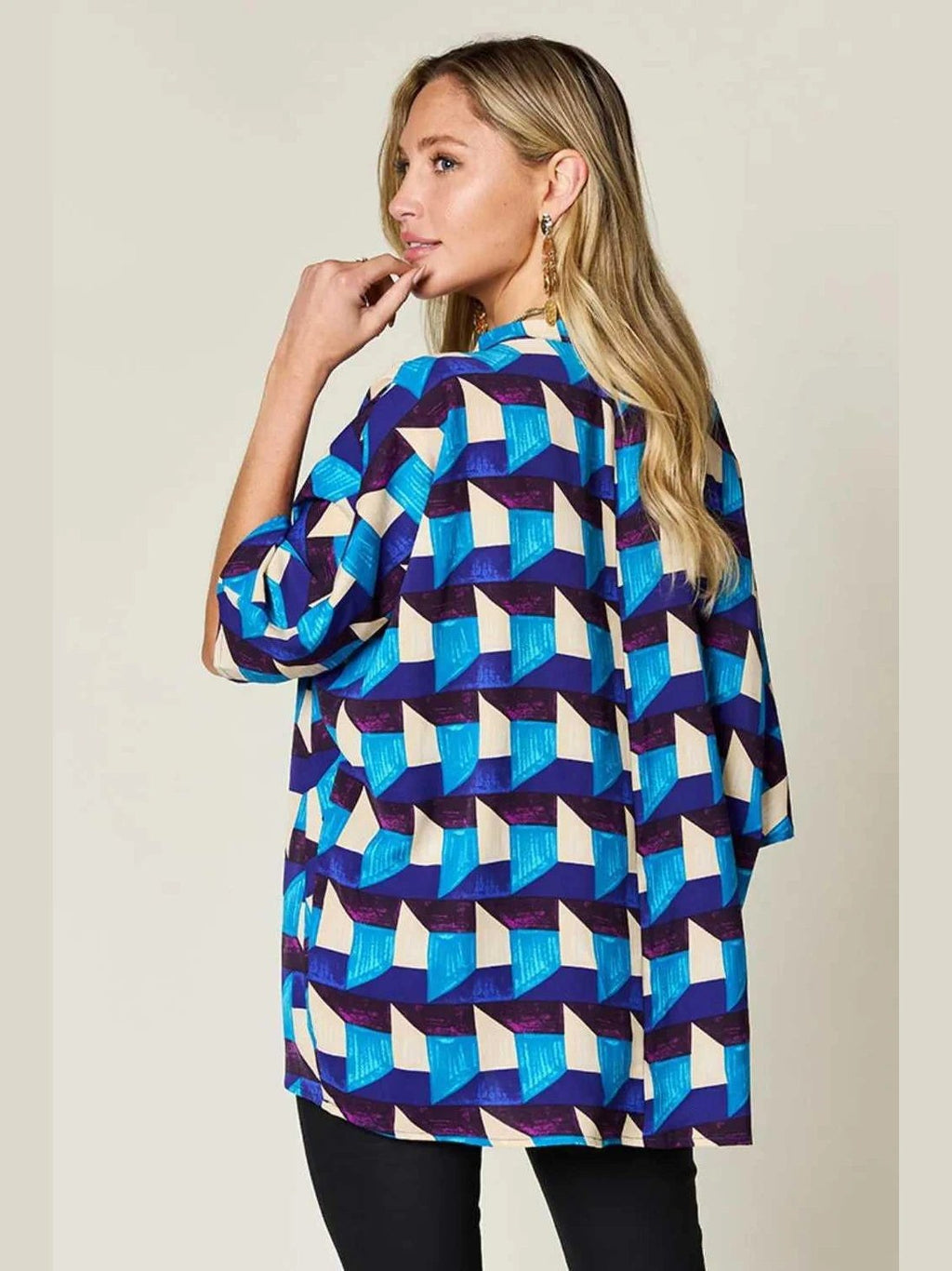 Double Take Full Size Geometric Notched Half Sleeve Blouse -- 