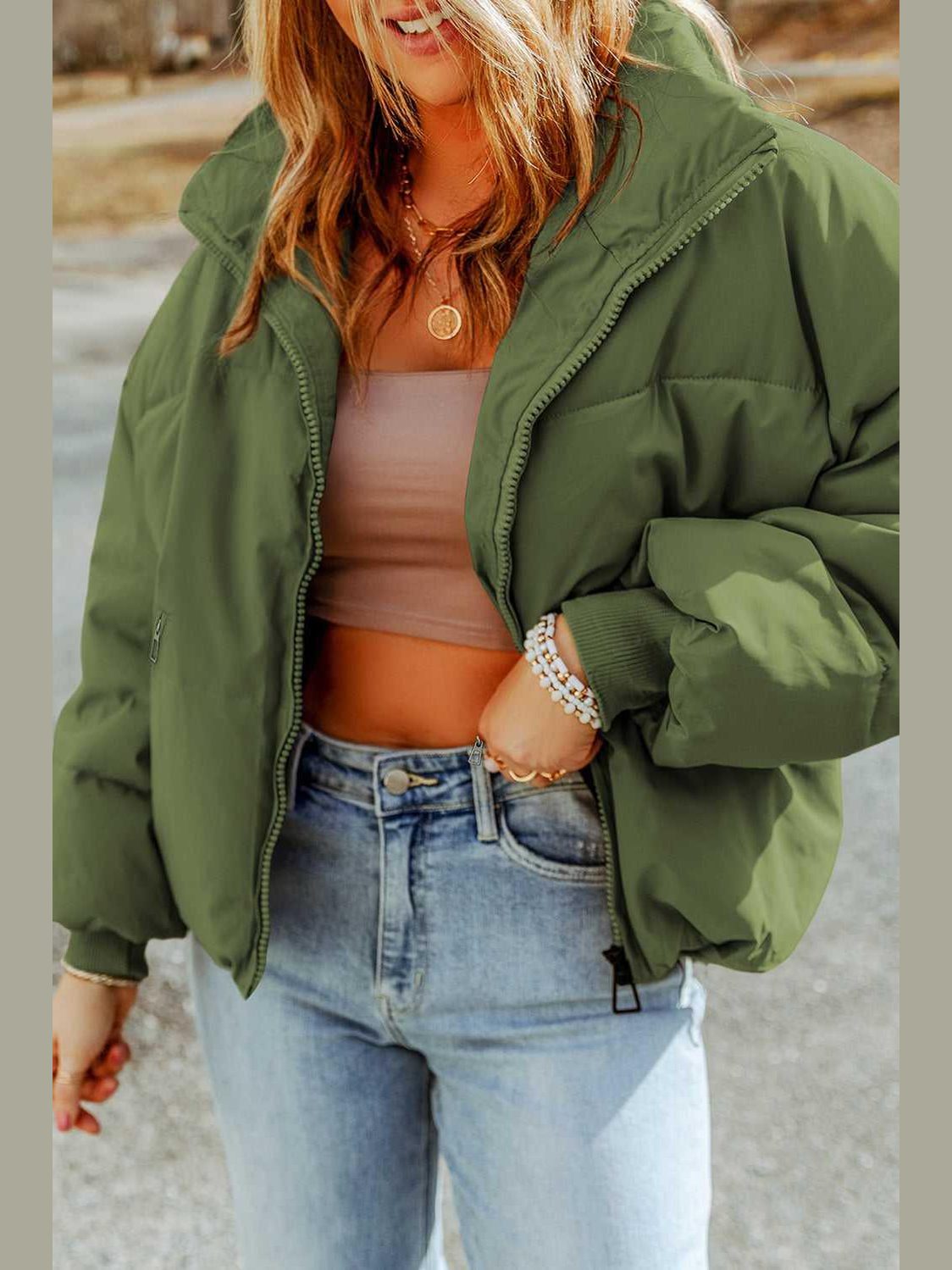 Zip Up Collared Neck Coat with Pockets -- 