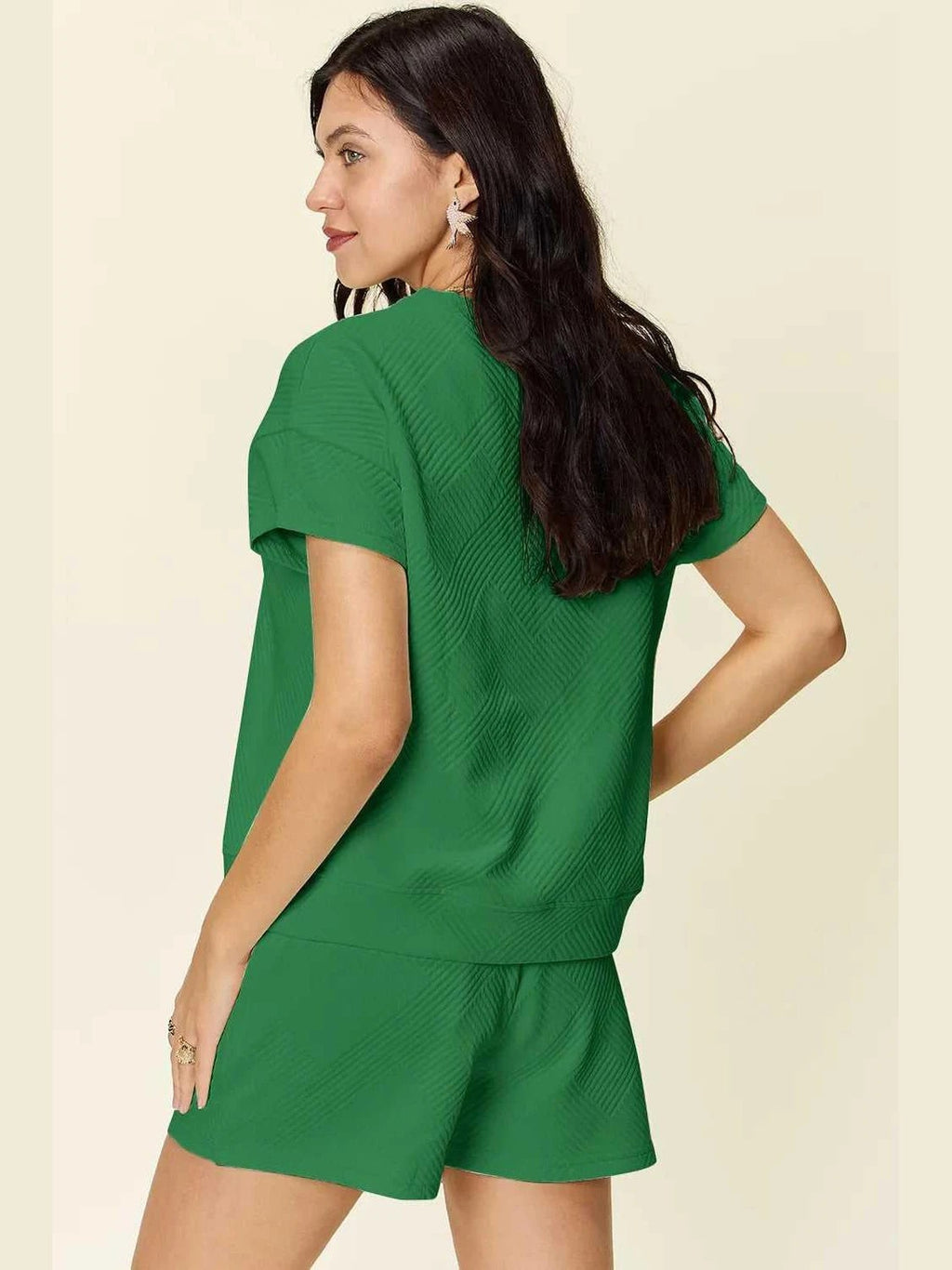 Double Take Full Size Texture Short Sleeve T-Shirt and Drawstring Shorts Set -- 