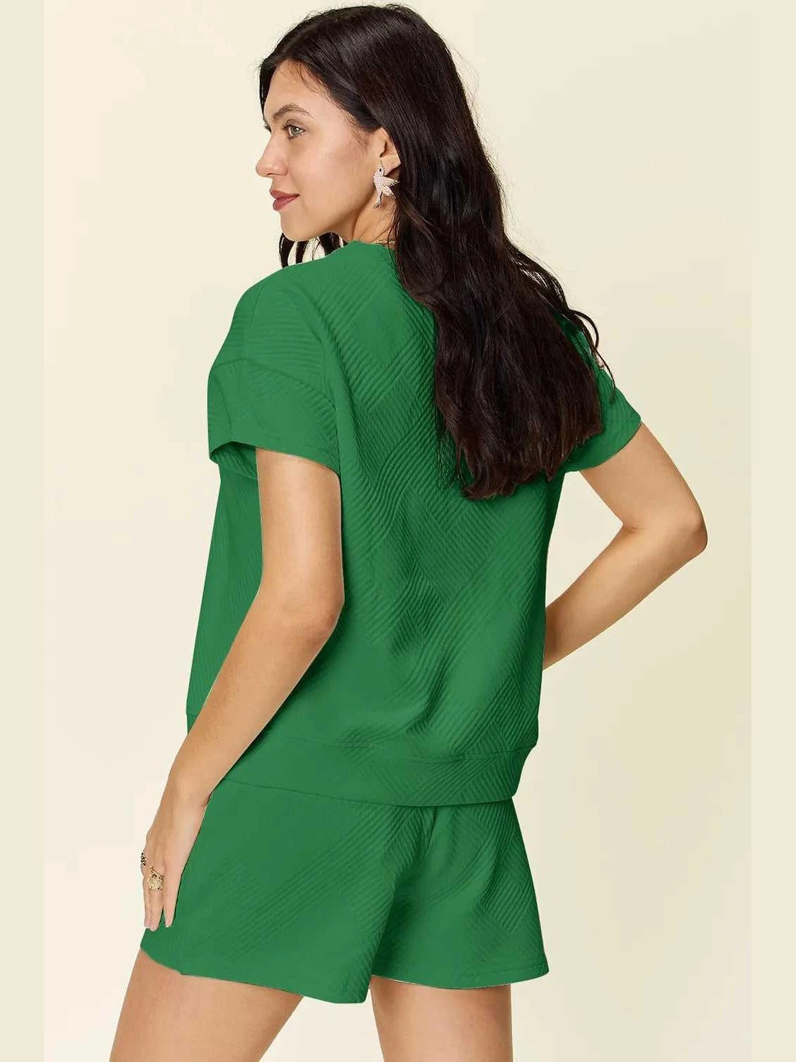 Double Take Full Size Texture Short Sleeve T-Shirt and Drawstring Shorts Set -- 