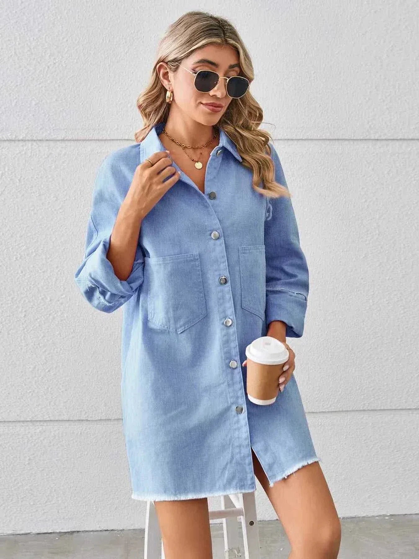 Raw Hem Button Up Denim Dress -- 