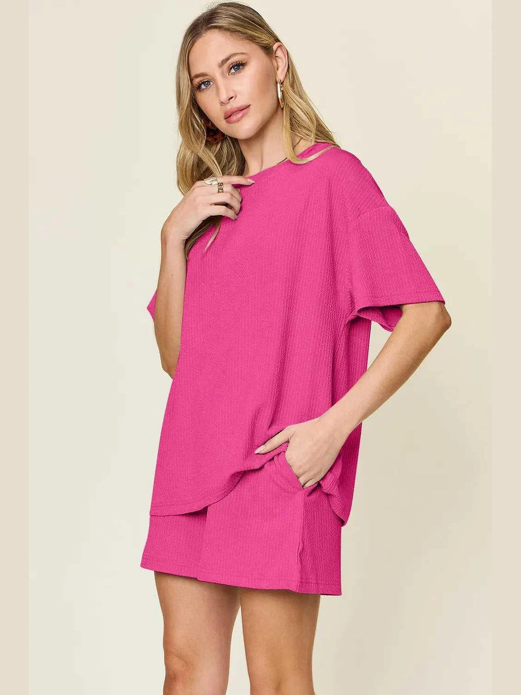 Double Take Basic style Round Neck Solid Set -- 