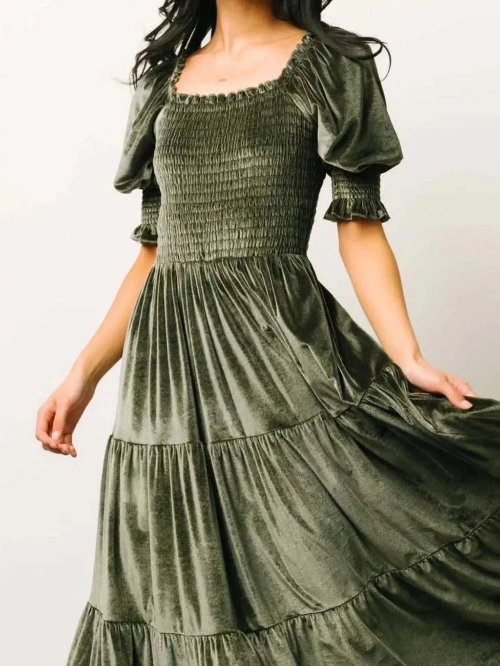 Velvet Smocked Tiered Midi Dress -- 