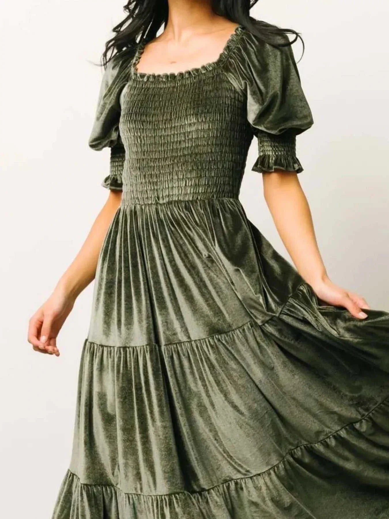 Velvet Smocked Tiered Midi Dress -- 