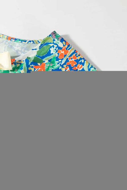 Floral Print Bow Applique Slit Sleeveless Peplum Blouse