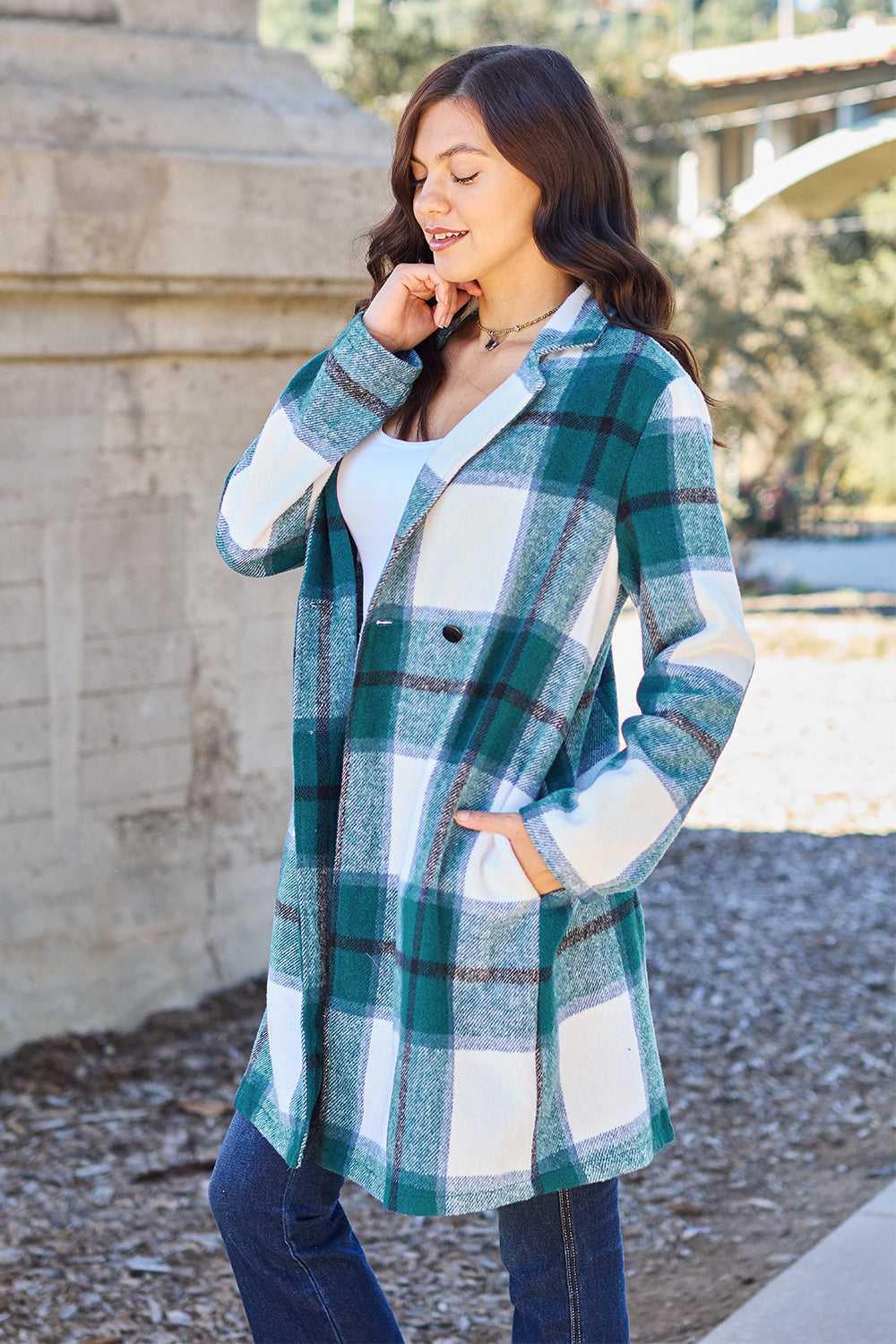Double Take Full Size Plaid Button Up Lapel Collar Coat -- 