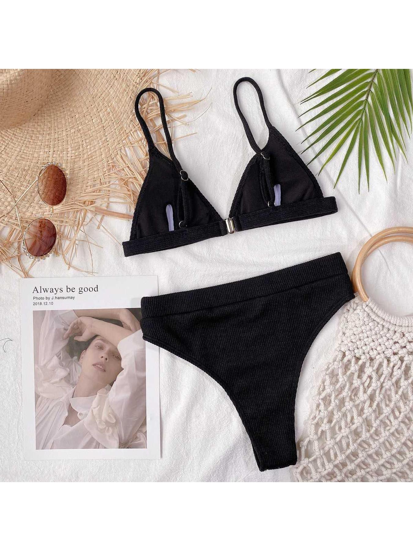 Spaghetti Strap Ribbed Bikini Set -- 