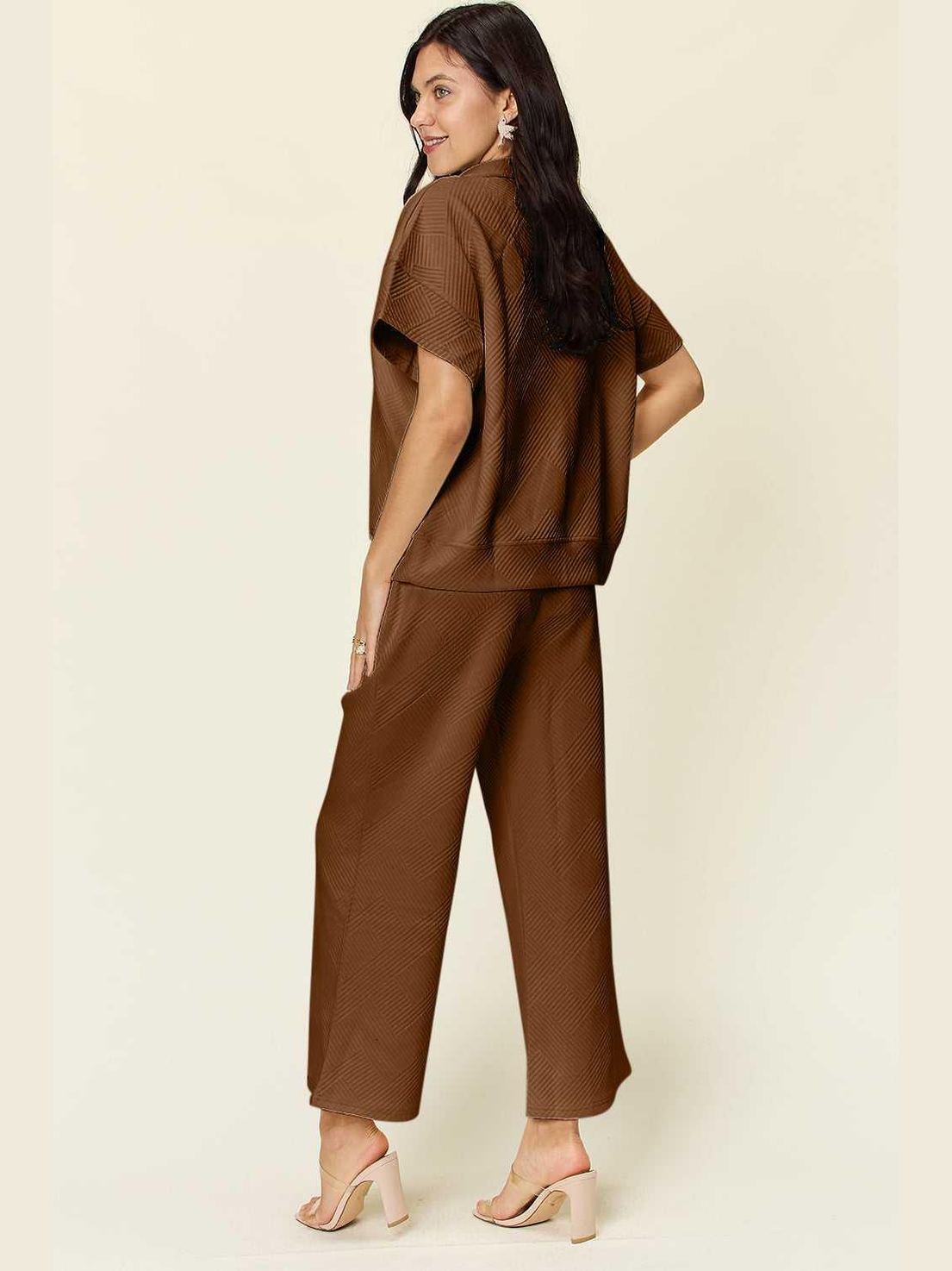 Double Take Full Size Texture Half Zip Short Sleeve Top and Pants Set -- 