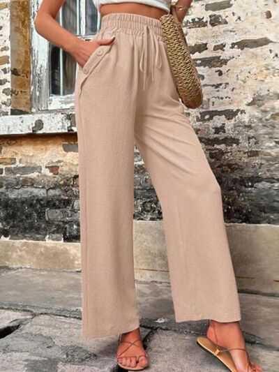 Tied High Waist Wide Leg Pants with Pockets -- 