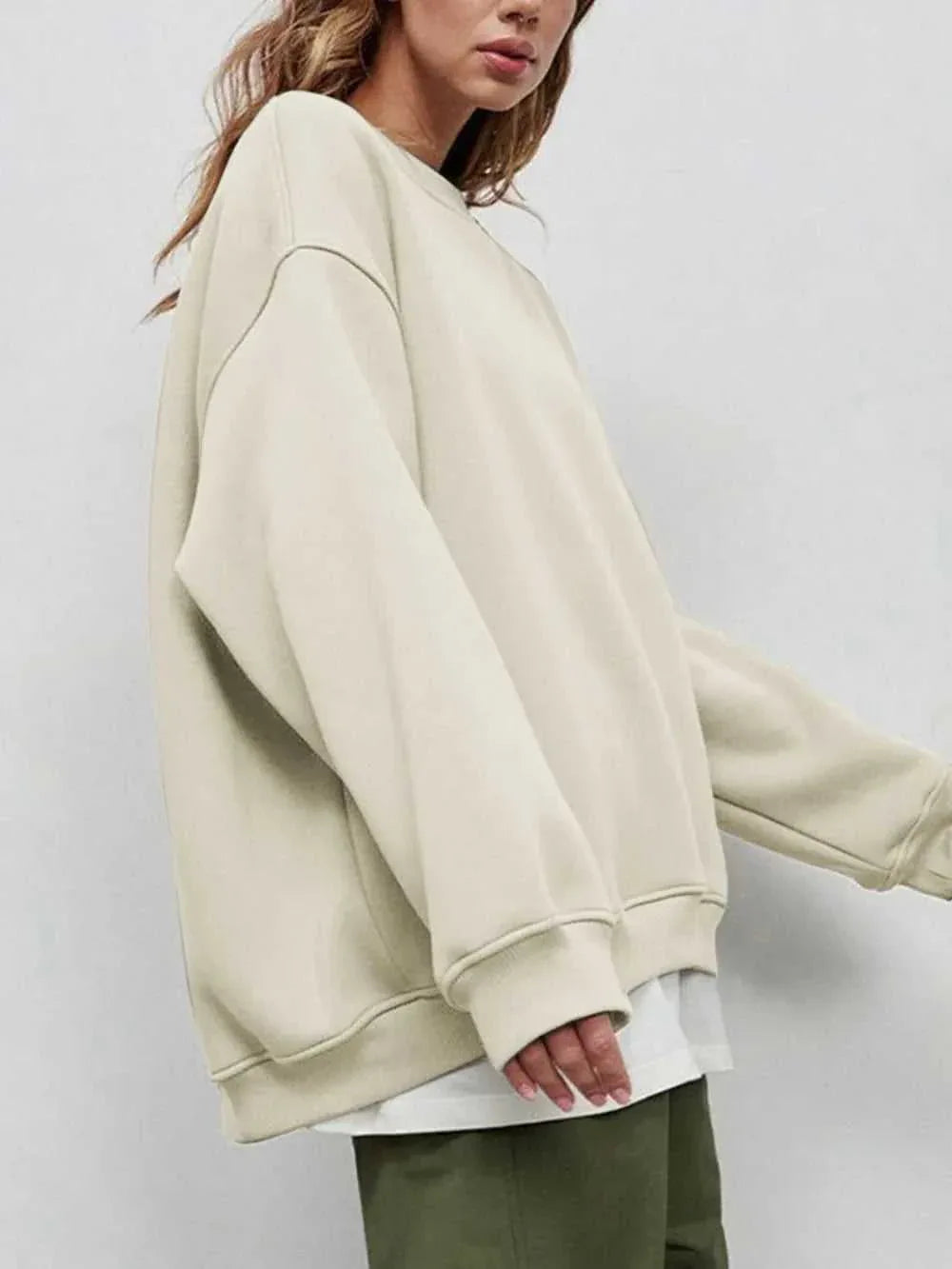 Round Neck Dropped Shoulder Long Sleeve Sweatshirt -- 