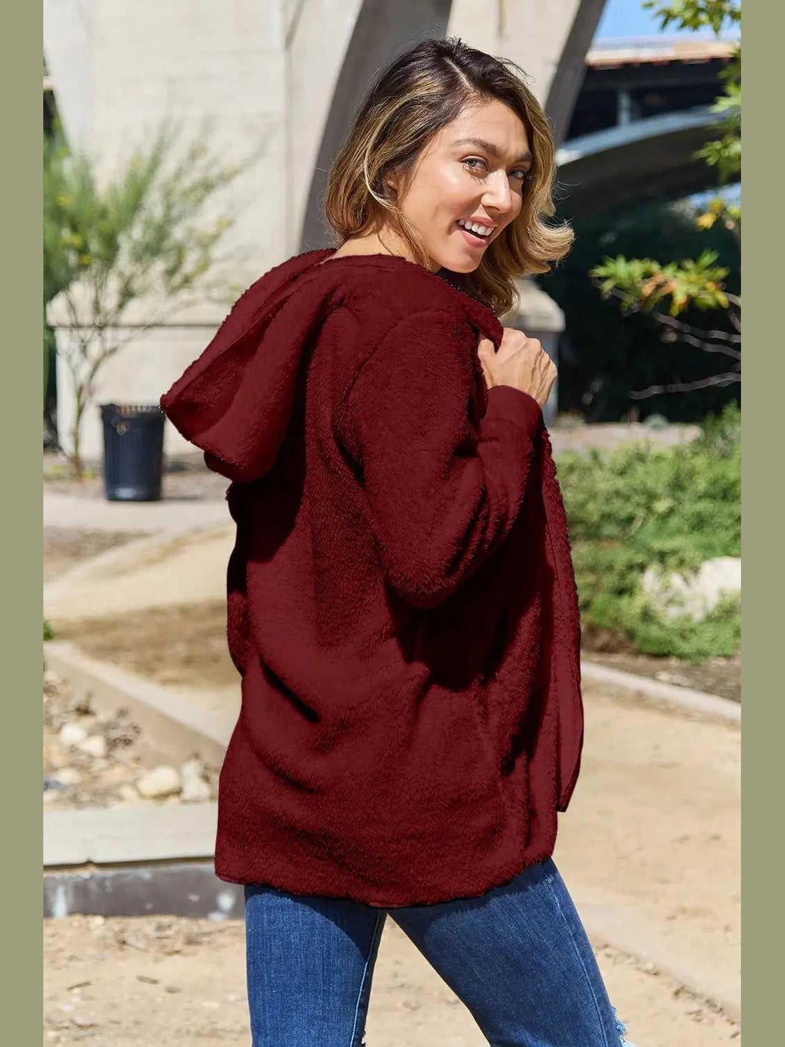 Full Size Teddy Hooded Jacket with Pockets -- 