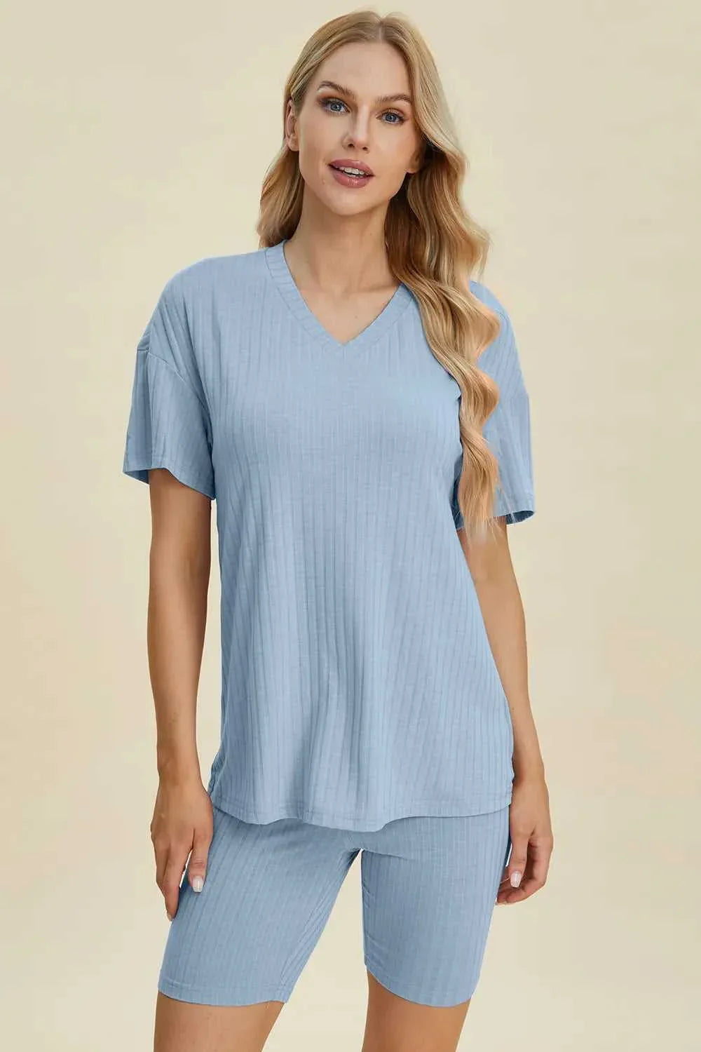 Basic Bae Full Size Ribbed V-Neck Short Sleeve Top and Shorts Set -- 
