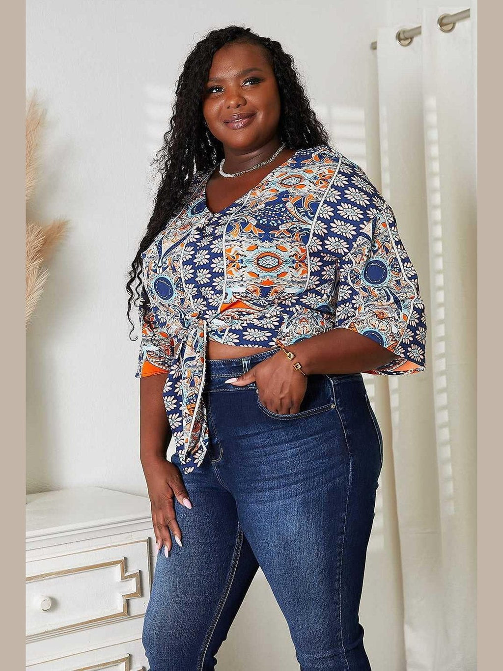 Tie Hem V-Neck Three-Quarter Sleeve Blouse -- 
