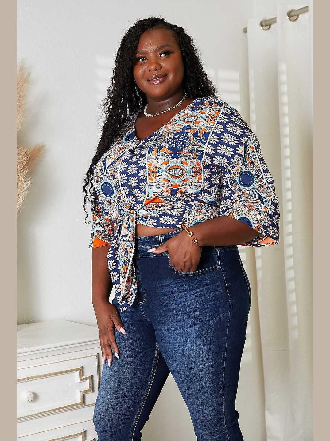 Tie Hem V-Neck Three-Quarter Sleeve Blouse -- 