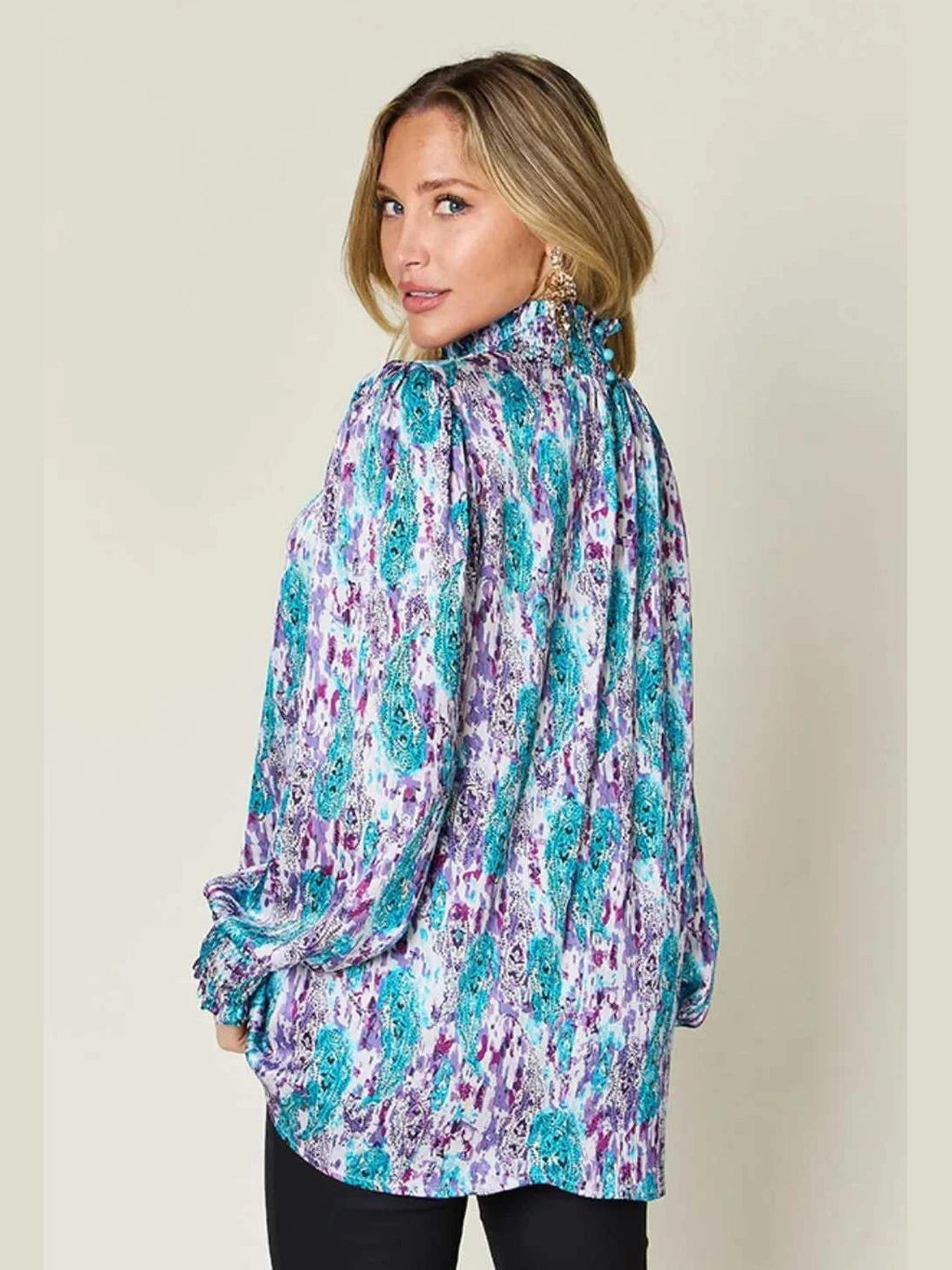 Double Take Full Size Printed Smocked Long Sleeve Blouse -- 
