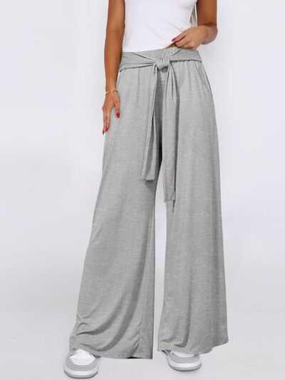 Tied Wide Leg Pants with Pockets -- 