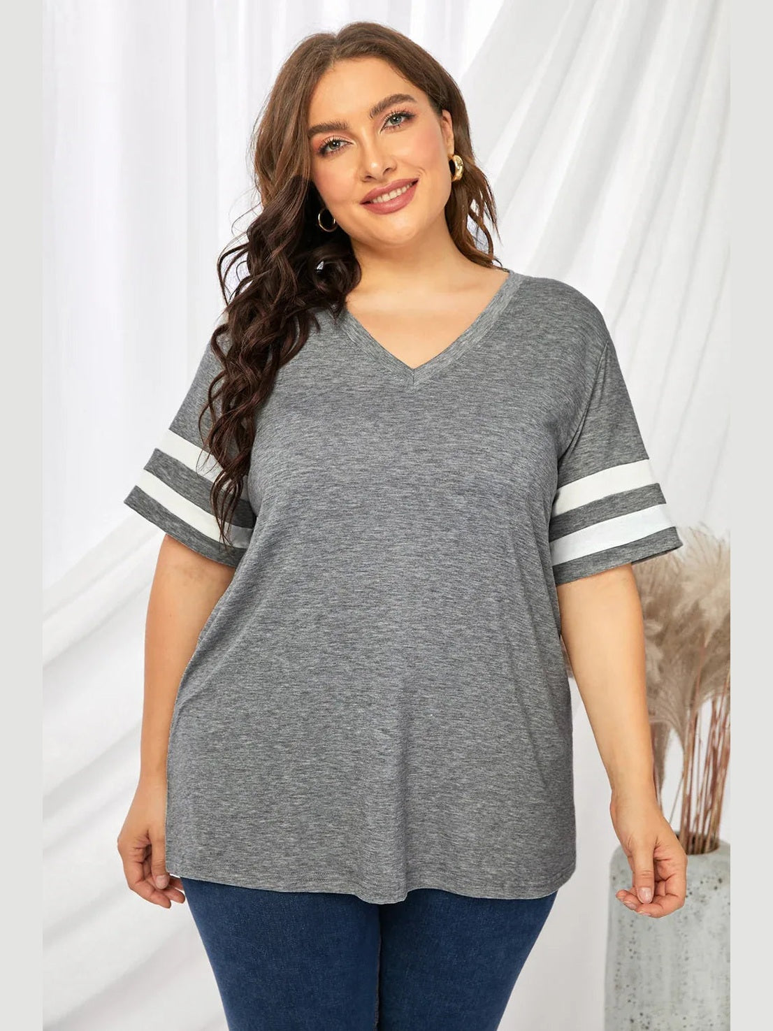 Plus Size Striped V-Neck Tee Shirt -- 
