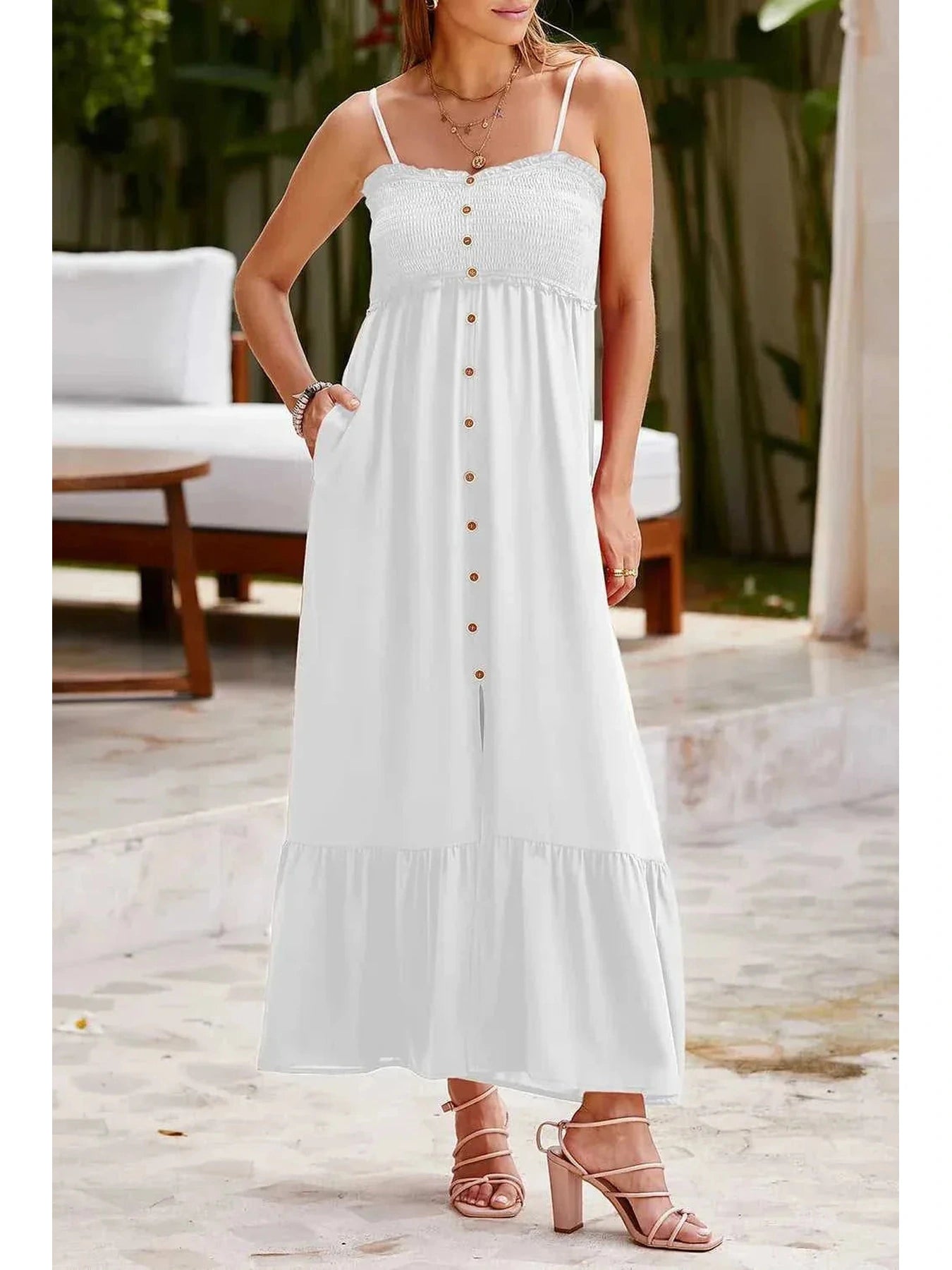 Smocked Spaghetti Strap Ruffle Hem Dress -- 