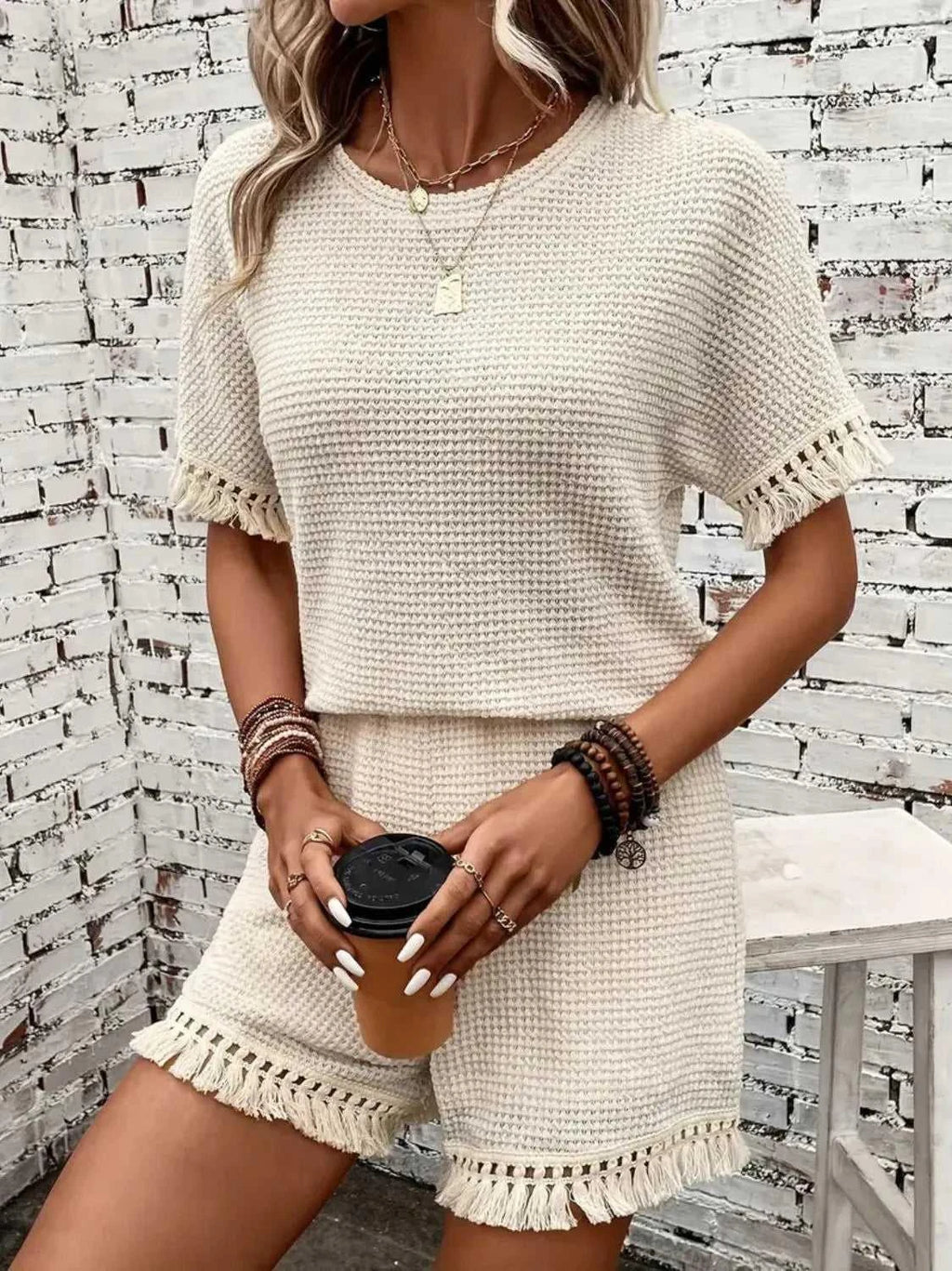 Tassel Round Neck Top and Shorts Set -- 
