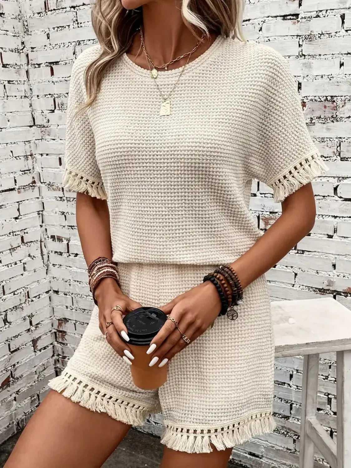 Tassel Round Neck Top and Shorts Set -- 