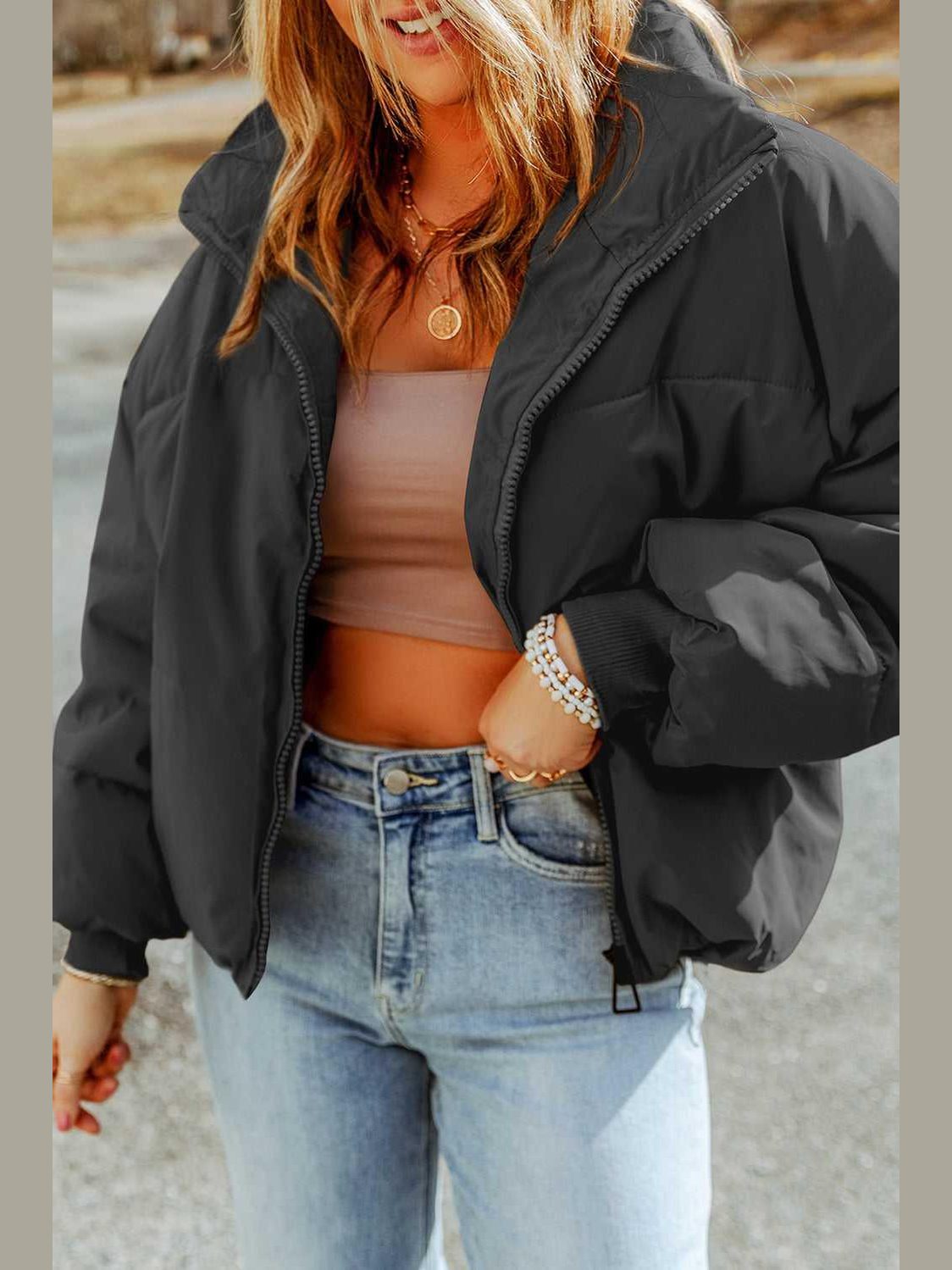Zip Up Collared Neck Coat with Pockets -- 