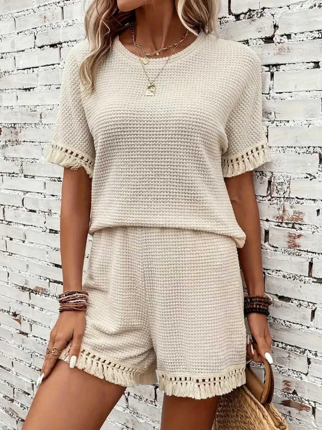 Tassel Round Neck Top and Shorts Set -- 
