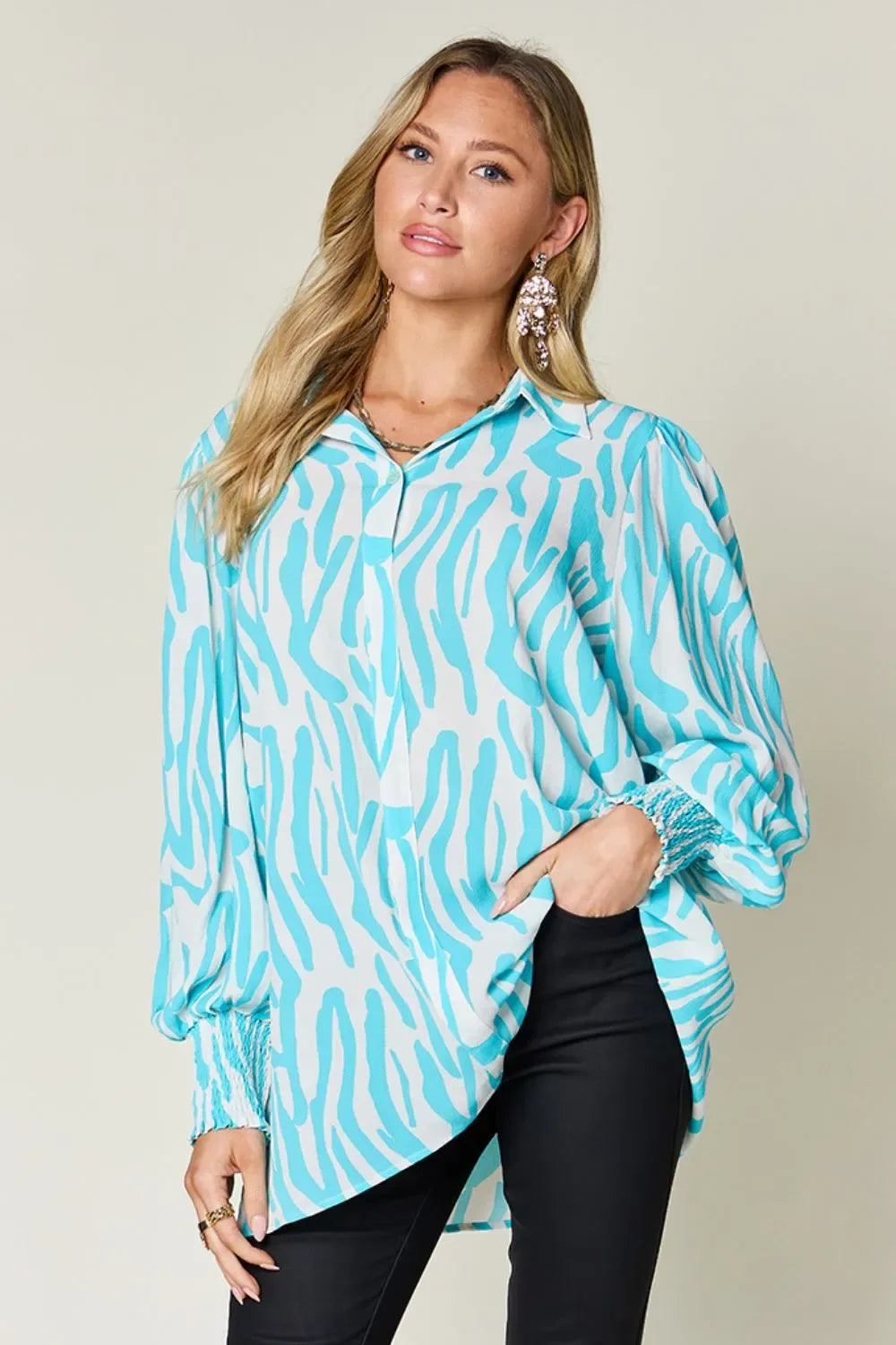 Double Take Full Size Printed Smocked Long Sleeve Blouse Plus Size -- 