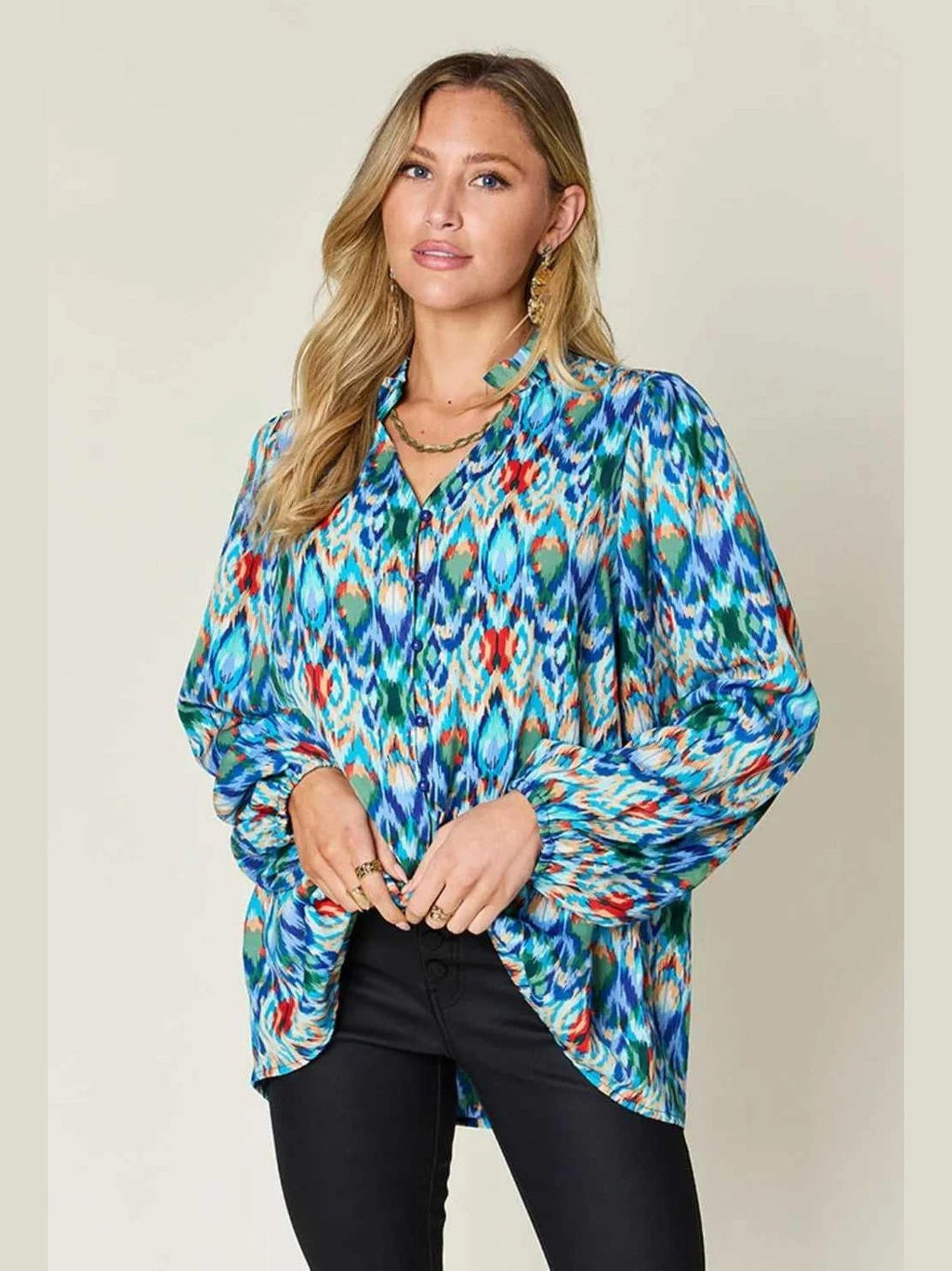 Double Take Full Size Printed Balloon Sleeve Blouse -- 