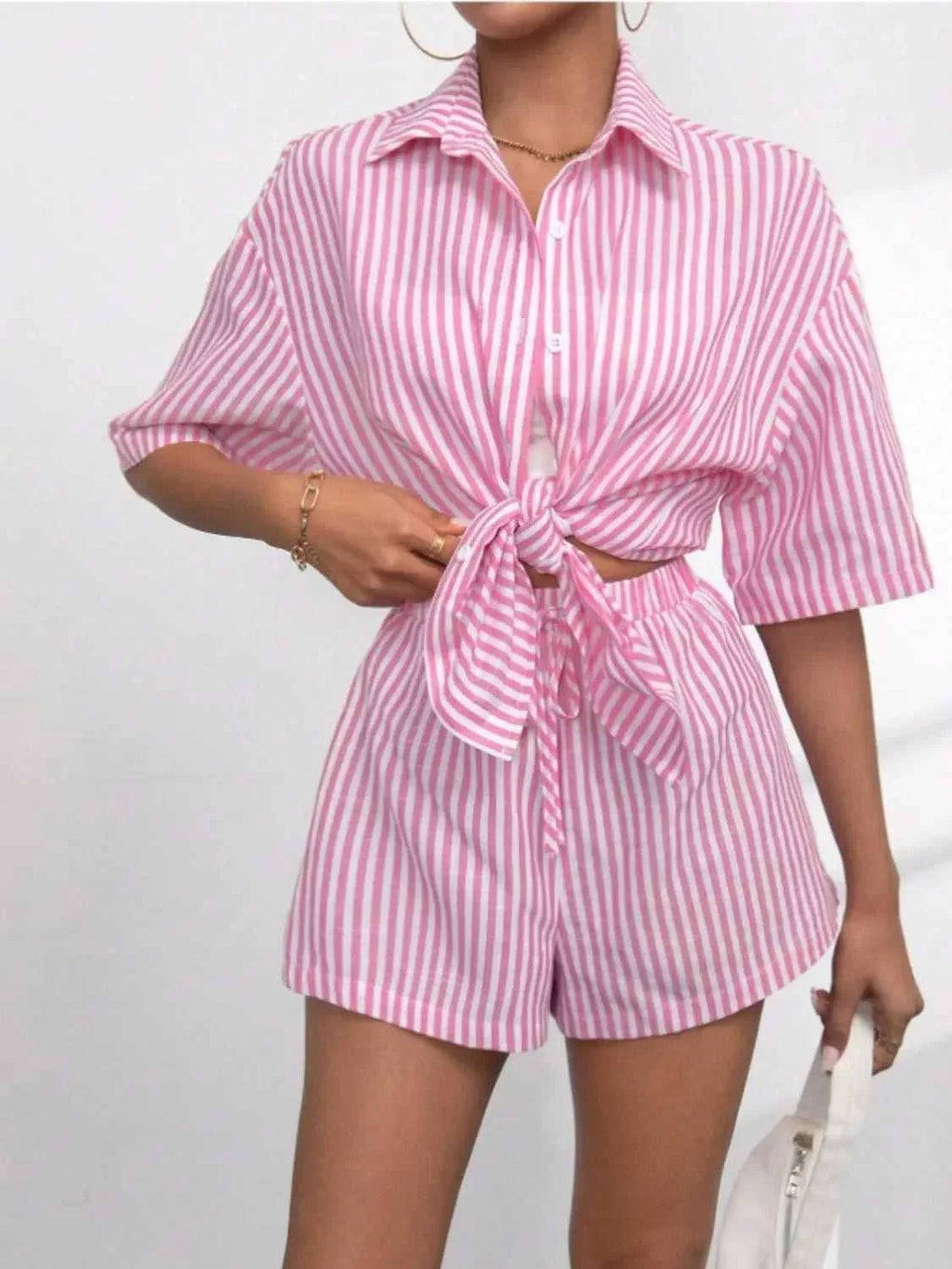 Striped Button Up Shirt and Shorts Set -- 