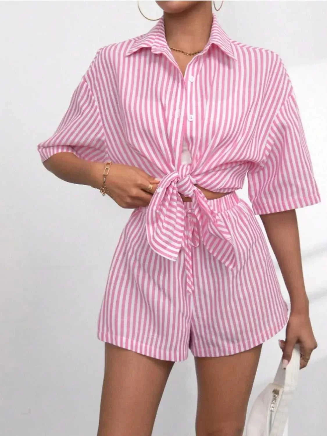 Striped Button Up Shirt and Shorts Set -- 