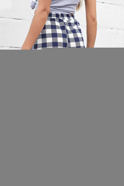 Perfee Plaid Elastic High Waist Cargo Pants