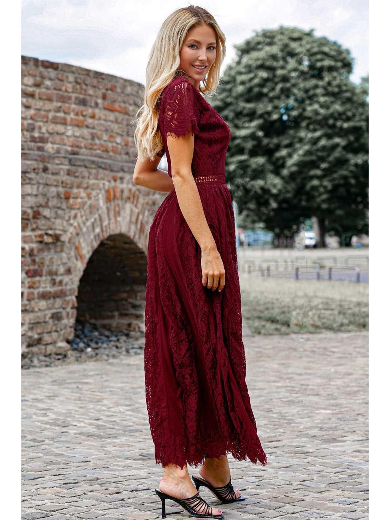 Scalloped Trim Lace Plunge Dress -- 