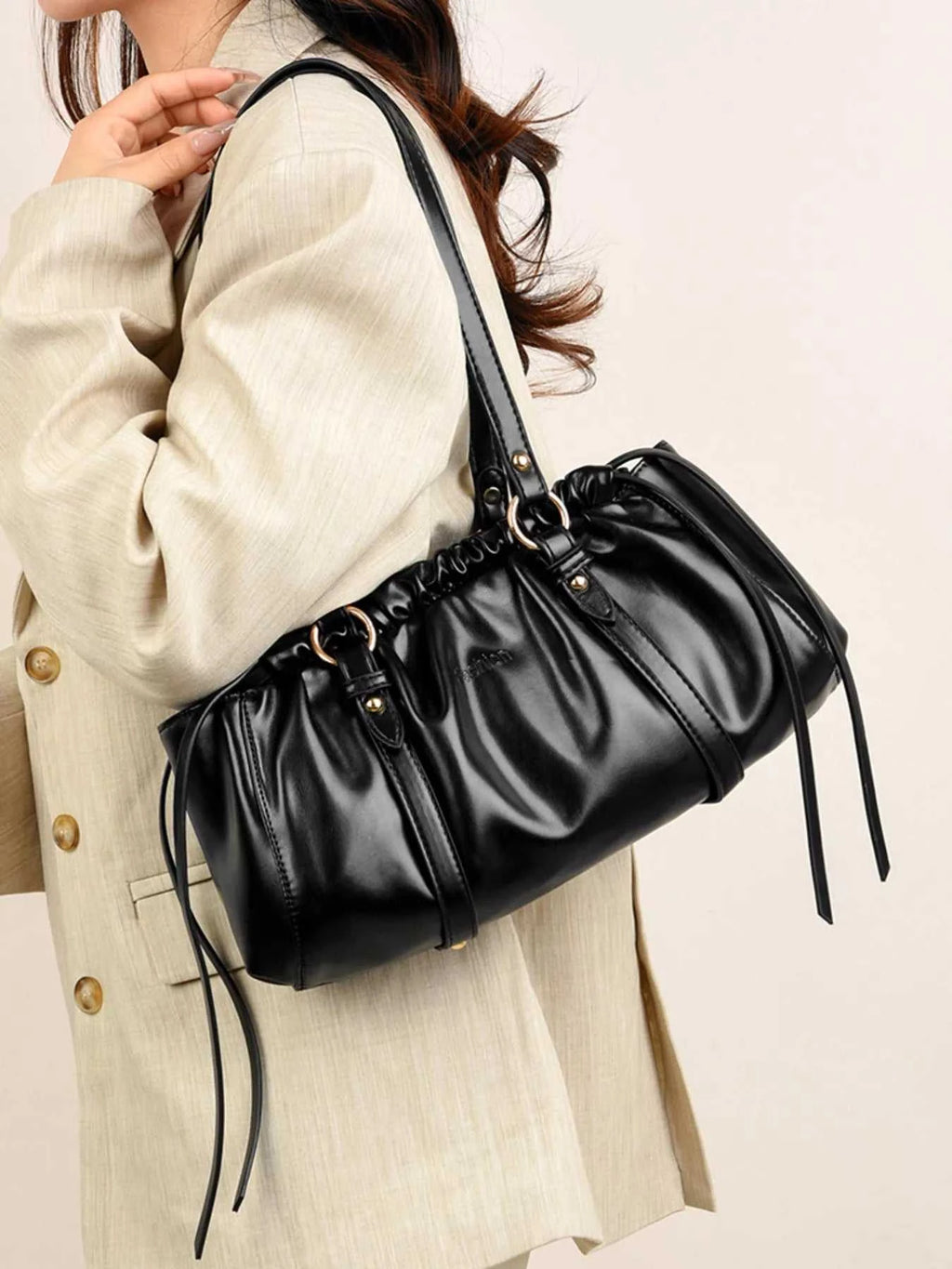 Ruched Leather Shoulder Bag