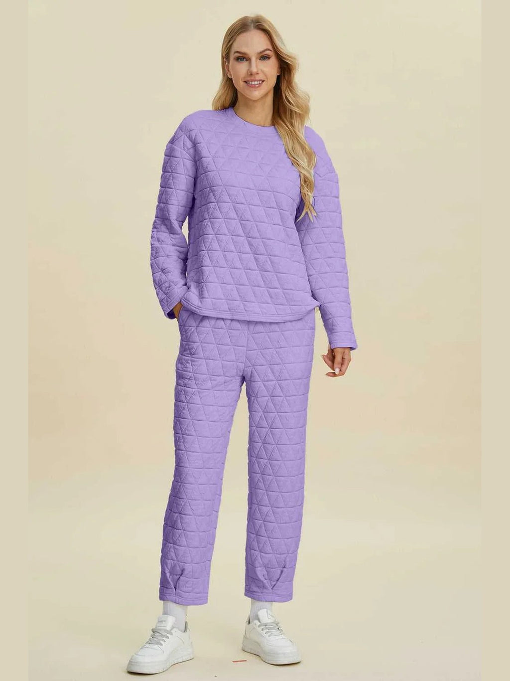 Double Take Full Size Texture Round Neck Long Sleeve Top and Pants Set -- 