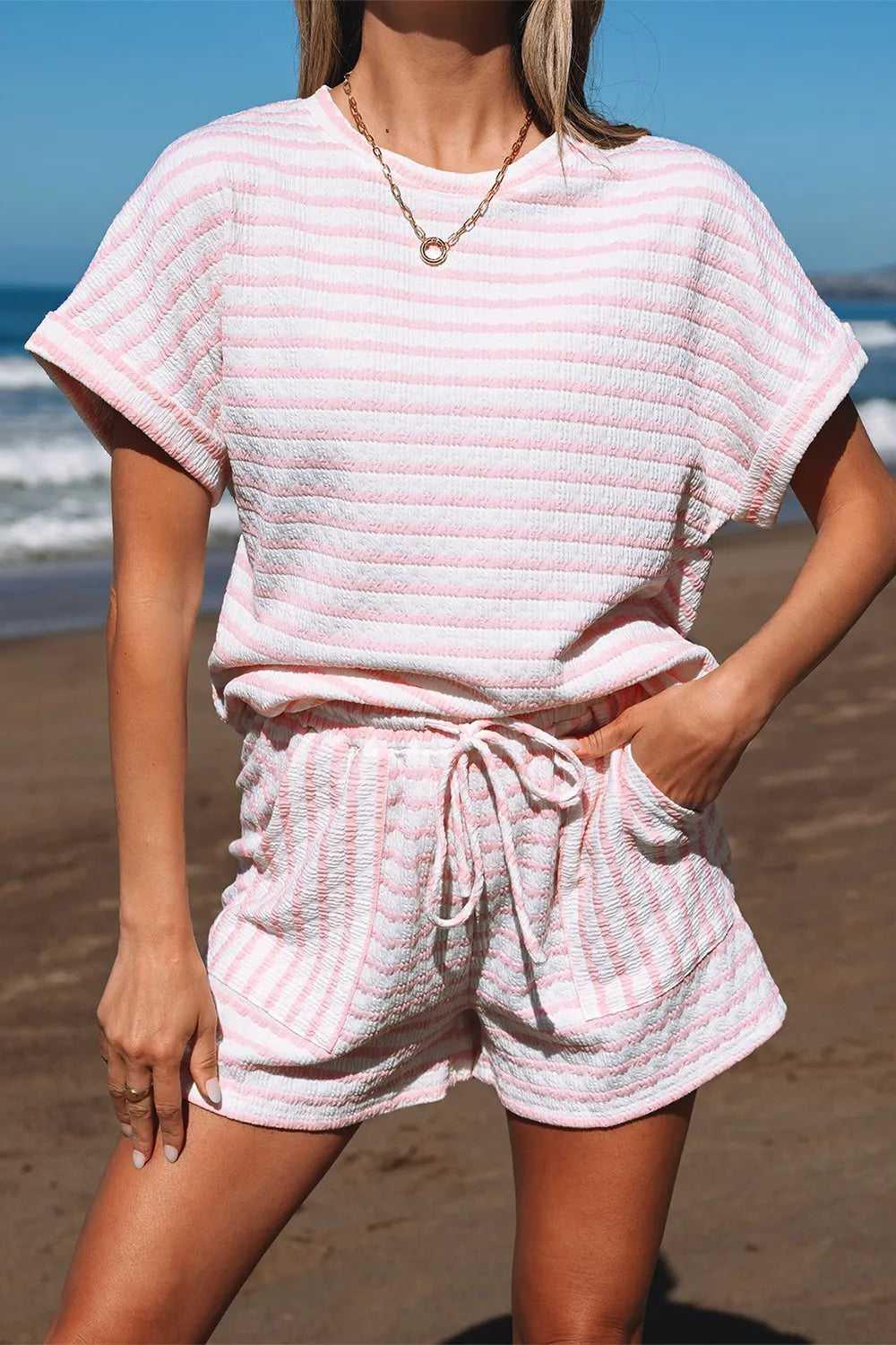 Stripe Knitted Short Sleeve Top and Drawstring Shorts Set -- 