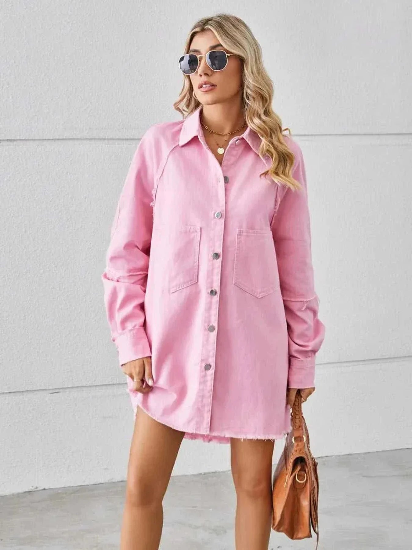 Raw Hem Button Up Denim Dress -- 