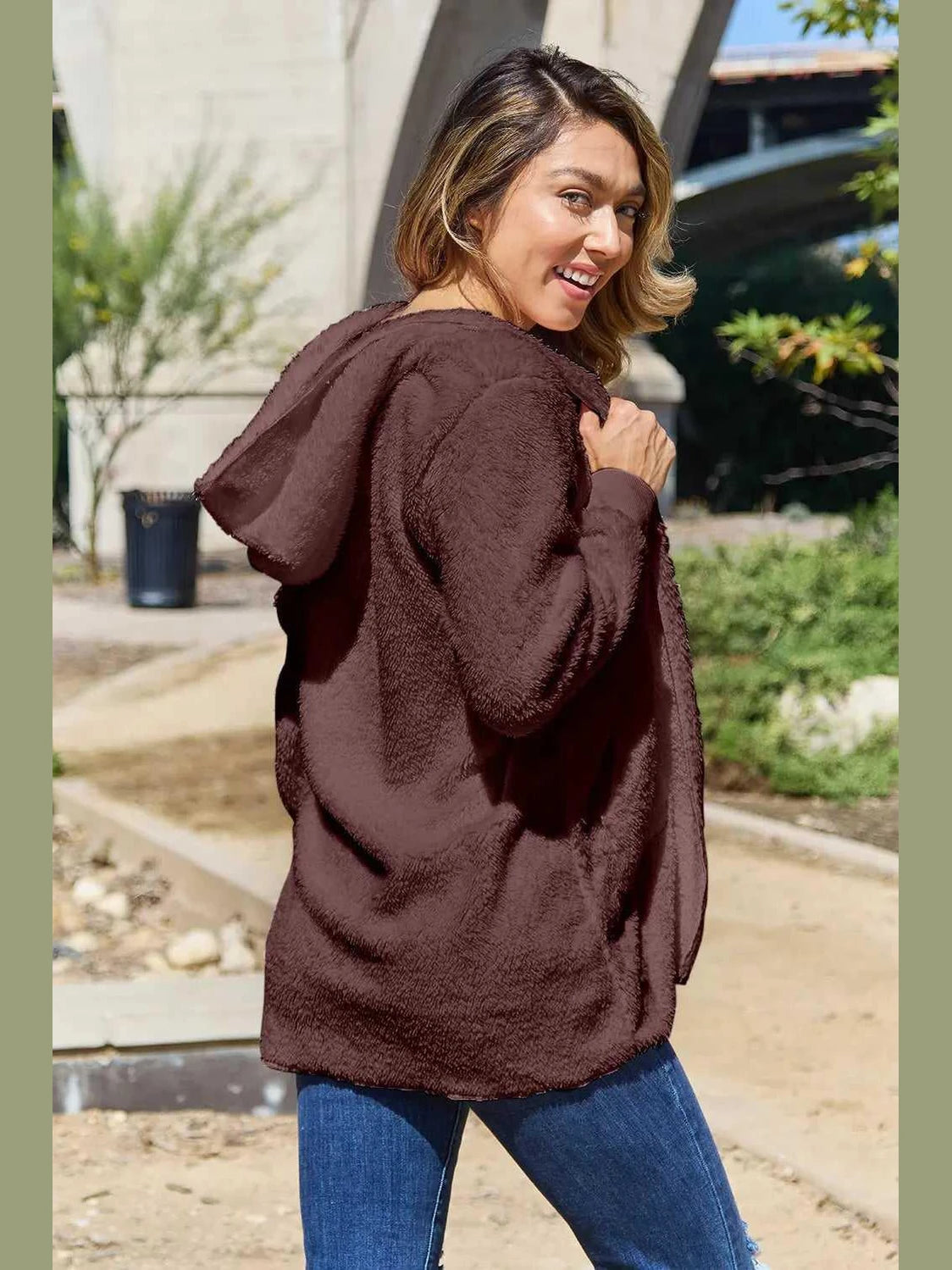 Full Size Teddy Hooded Jacket with Pockets -- 