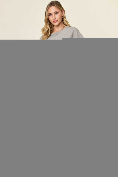 Double Take Full Size Texture Contrast T-Shirt and Wide Leg Pants Set