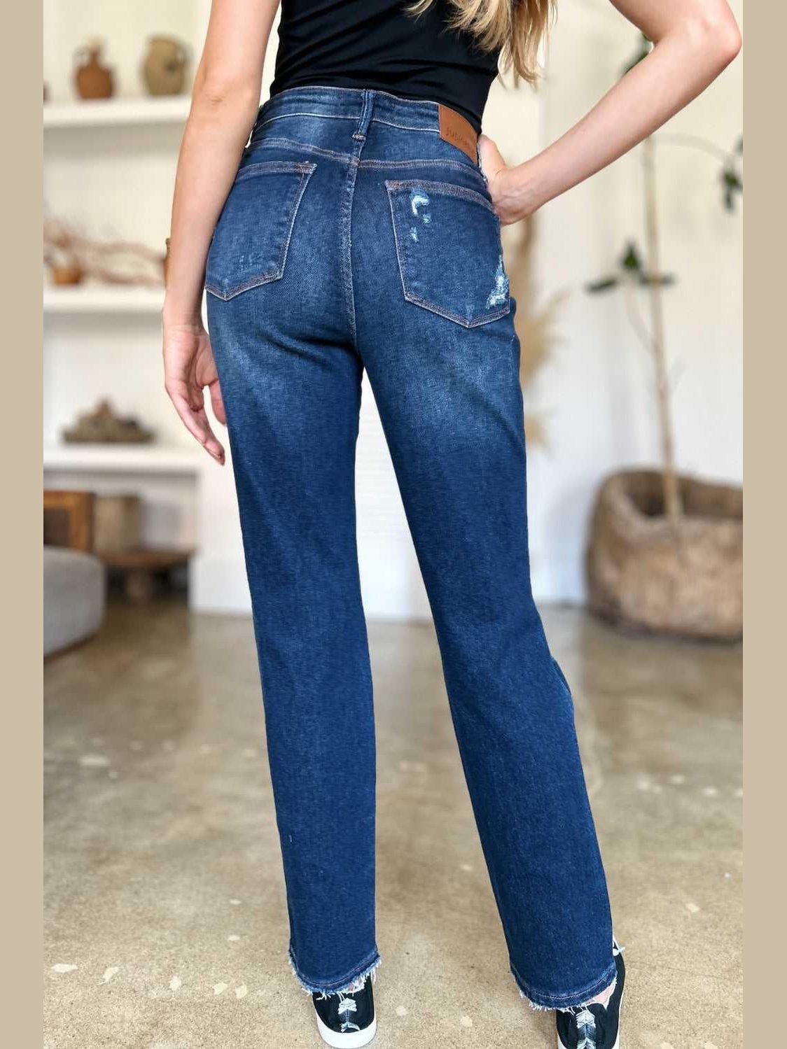 Judy Blue Full Size High Waist Rigid Magic Distress Straight Jeans -- 