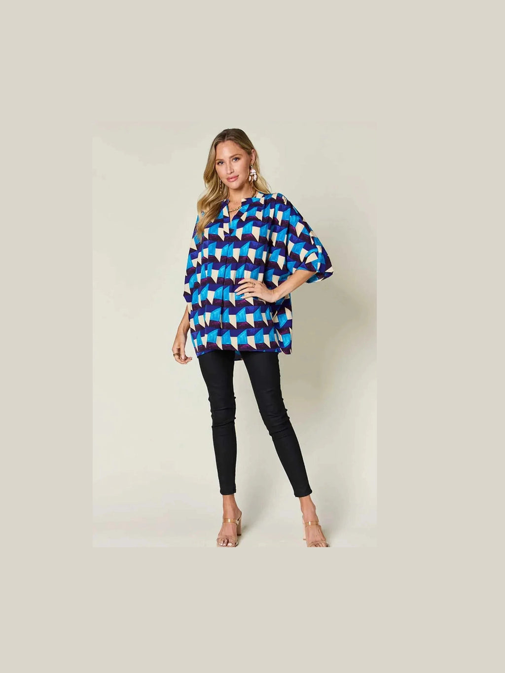 Double Take Full Size Geometric Notched Half Sleeve Blouse -- 