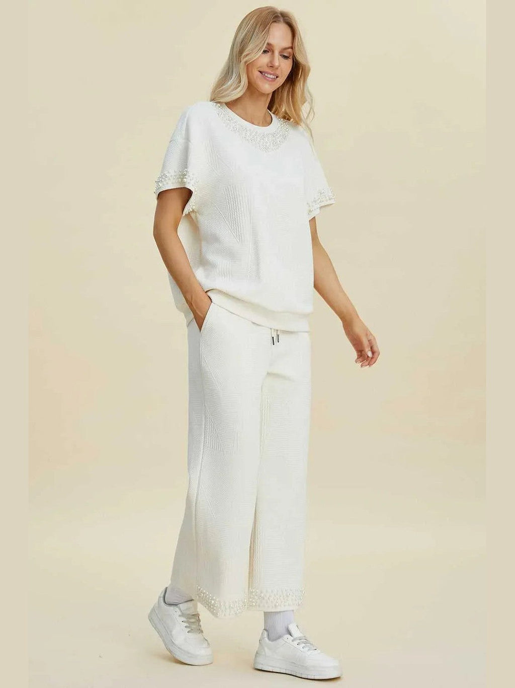 Double Take Full Size Pearl Detail Round Neck Top and Pants Set -- 